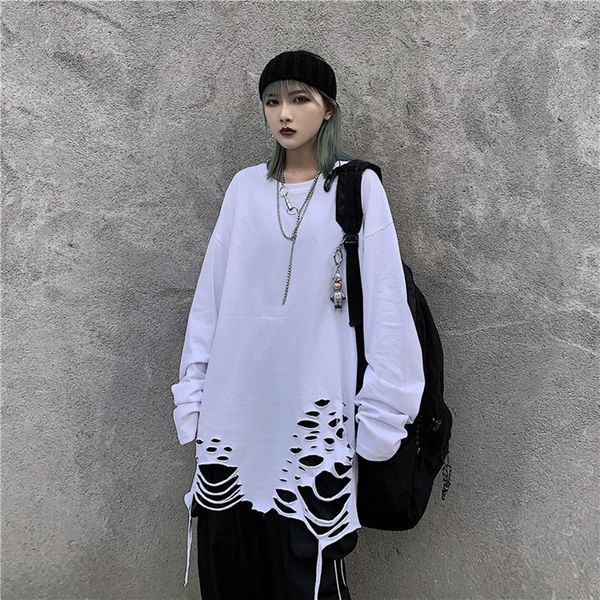 

women's t-shirt women ripped hole hip hop long sleeve t shirt oversized punk tees women's korean style vintage clothes a8r1, White