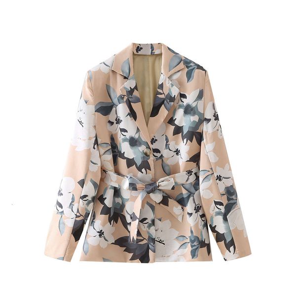 

dt women's pastoral print lapel lace up waist closing suit coat, Black;brown