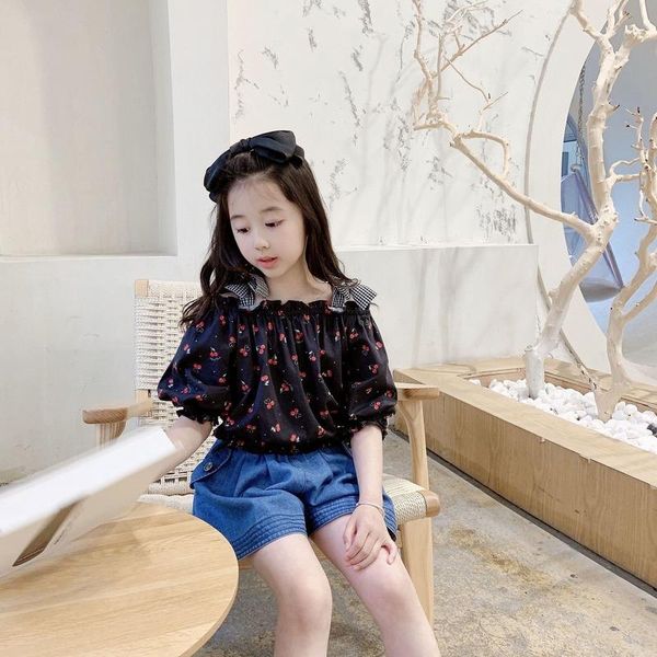 

clothing sets girls outfits kids set cherry pattern + denim shorts sweet summer clothes boutique wholesale, White