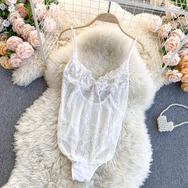 

women's jumpsuits & rompers foamlina glamour sheer lace bodysuit white black deep v-neck spaghetti strap hollow out backless short, Black;white