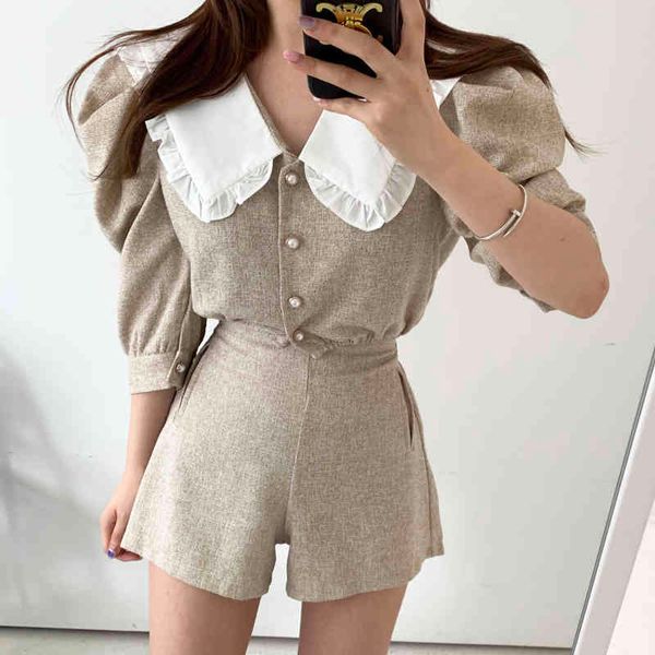 

women's two piece pants korean chic french summer puff sleeve doll collar + elastic waist wide-leg shorts set temperament outf, White
