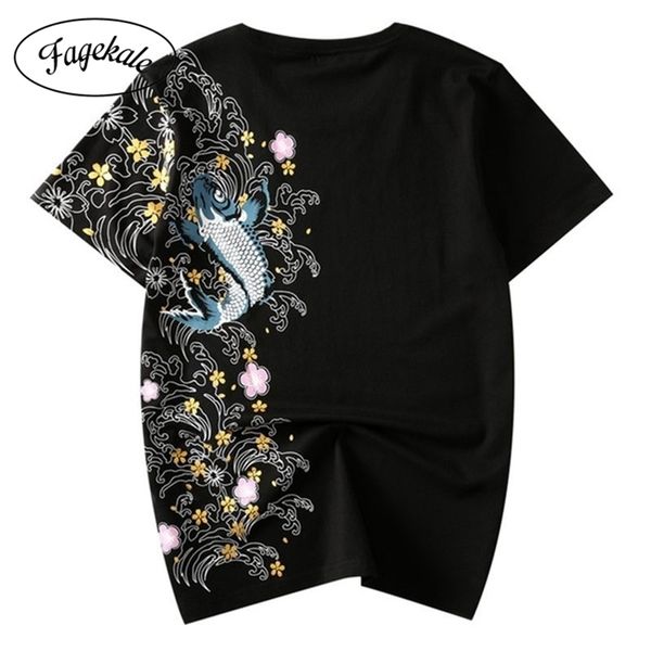 Neue Sommerflut Herren T-Shirt Kurzarm Rundhalsausschnitt Chinesischer Stil Karpfen Stickmuster Baumwollhemd T-Shirt Herren 210324