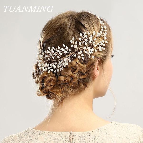 

hair clips & barrettes bride pearl combs golden long headband wedding jewelry for accessories women, Golden;silver