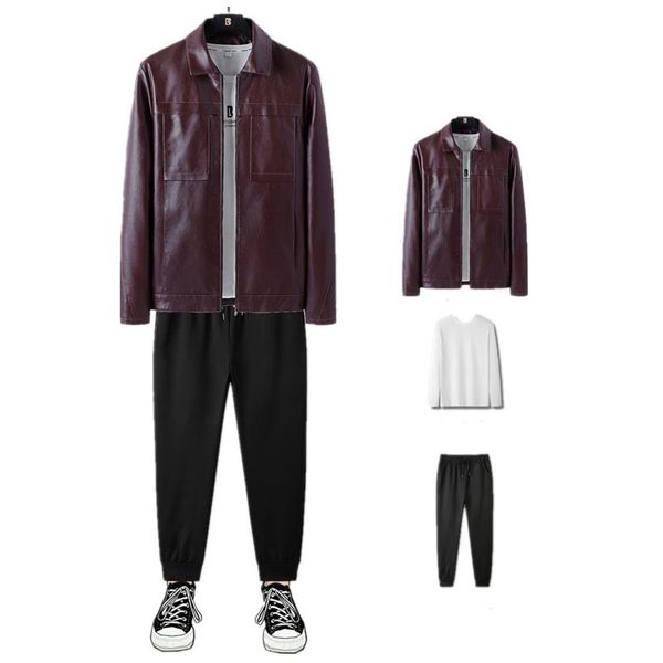 

gym clothing mens 3 piece suits stand collar faux leather jacket lightweight warm outwear joggers pants crewneck sweatshirt, White;black