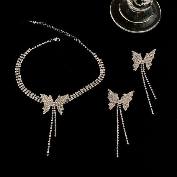

temperament butterfly shinning rhinestone tassel dangle earrings for women girls pendant necklace cute accessories & chandelier, Silver
