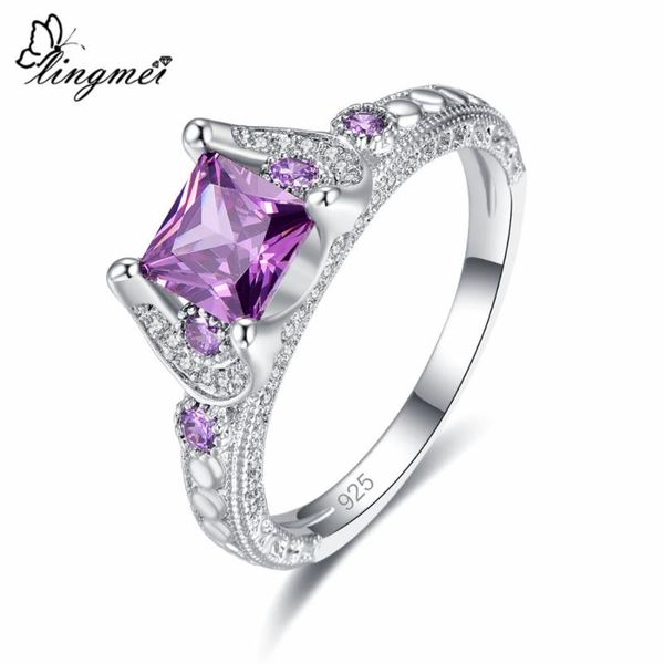 

wedding rings lingmei bridal princess cut purple & white cubic zircon silver ring size 6 7 8 9 for women ladies jewelry gifts, Slivery;golden