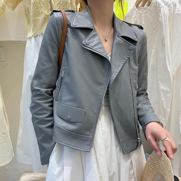 Cappotto da donna in pelle sintetica coreana sottile grigio-blu primavera autunno 2021 giacca da motociclista da motociclista a maniche lunghe con risvolto Chaqueta Mujer