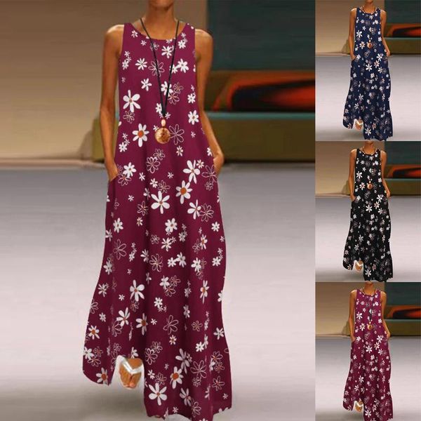 

casual dresses 0656 bohemia floral print dress women summer elegant loose sleeveless 0-neck female clothing sandy beach long vest, Black;gray