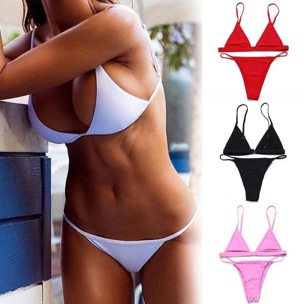 

bras sets women solid color bra briefs triangle bikini set bandage push-up swimsuit, Red;black