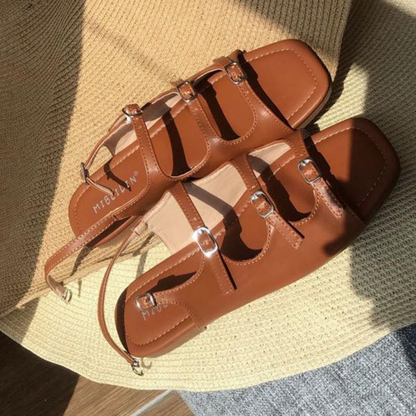 

vintage gladiator summer student sandals women beach flat shoes for slippers femmes sandales buckle band sandalias 2021, Black