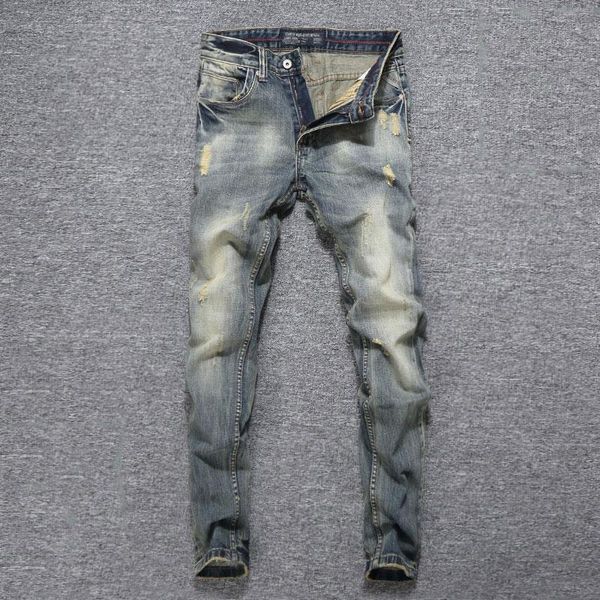 

men's jeans ly european fashion men retro distressed slim ripped vintage designer casual cotton denim pants, Blue