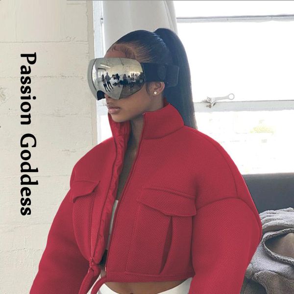 

fashion cool women bomber jackets big pockets cargo crop jacket outwear drawstring zipper stand collar outcoat plus size women's, Black;brown