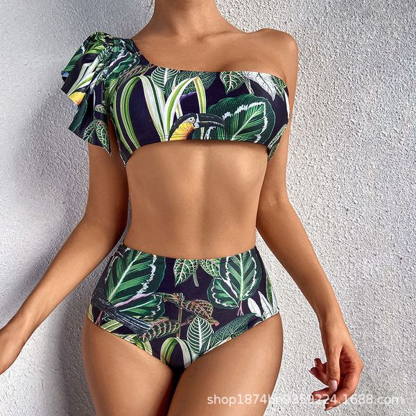 

2021 women's green print high waist split one shoulder bikin bikini swimsuit, Black;white