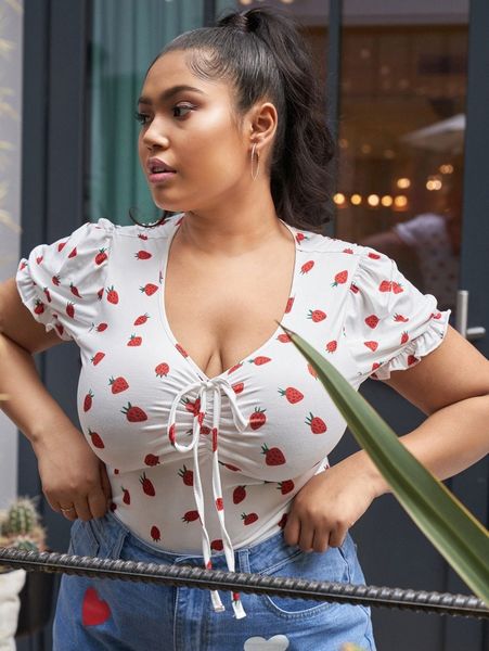 

plus strawberry print drawstring front bodysuit j0rx#, Black