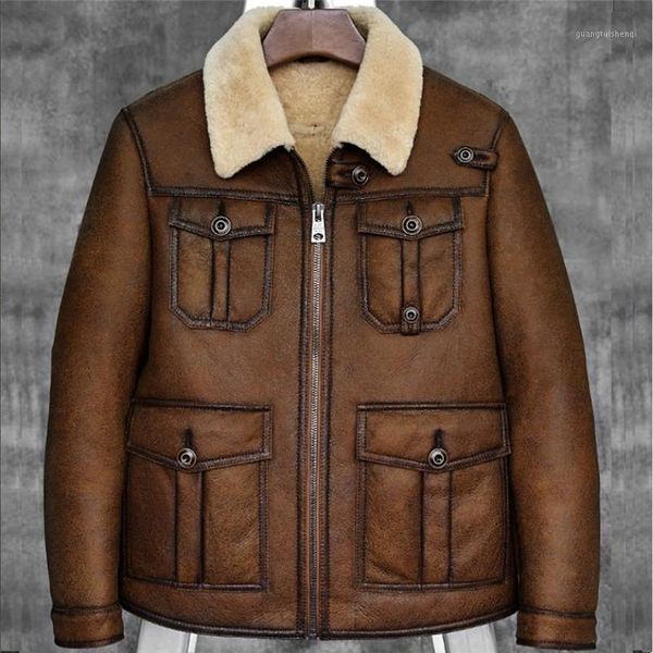 

men's leather & faux b3 shearling sheepskin bomber jacket pilots coat fur flight outdoor male thick fleece, Black