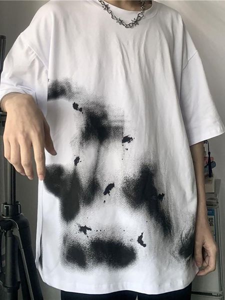 

men's t-shirts t-shirt men and women personality splash ink spray dirty printing loose round neck short sleeve goth, White;black