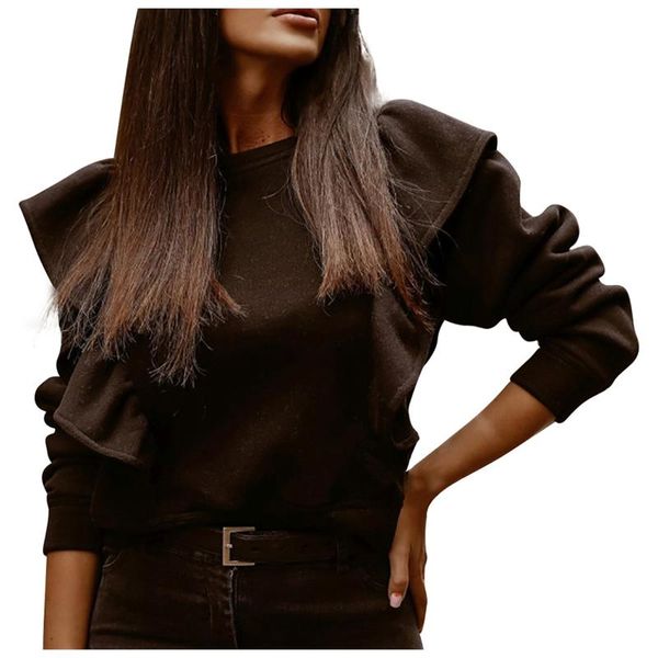 

women's t-shirt women casual solid color long sleeve sweatshirt ruffle stitching slim fit 0-neck knitwear party female mujer, White