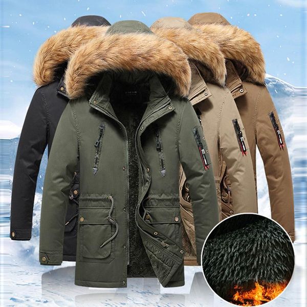

men's jackets men winter long casual fur collar hooded parkas outdoor fashion warm thick fleece pockets coat, Black;brown