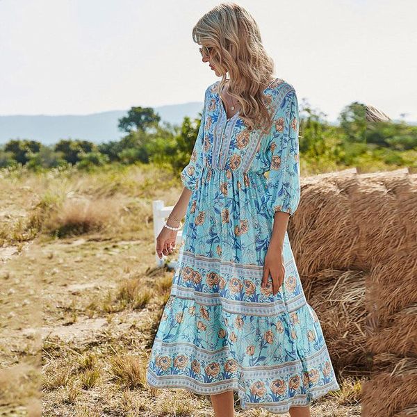 

casual dresses women summer bohemian beach dress 2021 floral print elastic waist half sleeve v-neck elegant vintage long, Black;gray