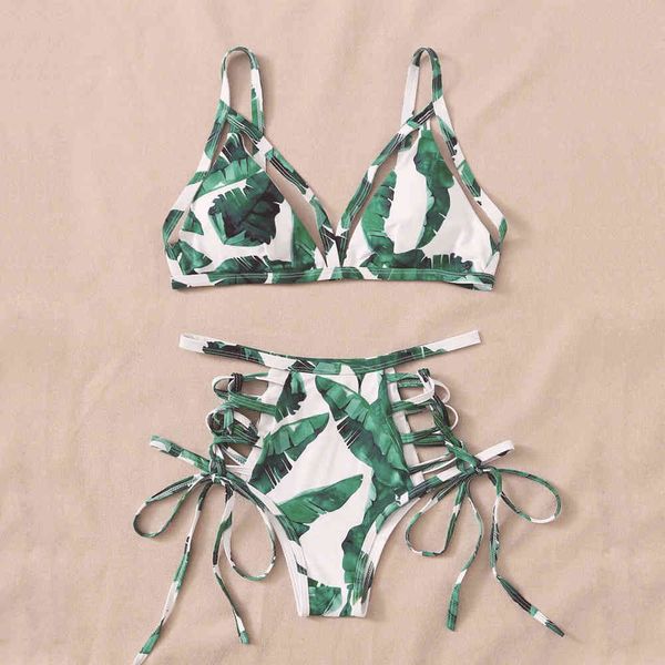 Высокая талия бикини набор купальники нажимание купальников женщины Criss Cross Halter String Biquini бразильских зеленых листьев купальные костюмы 210520