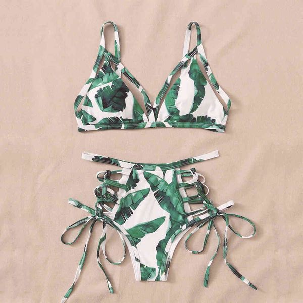 

high waist bikini set swimsuits push up swimwear women criss cross halter string biquini brazilian green leaf bathing suits 210520, White;black