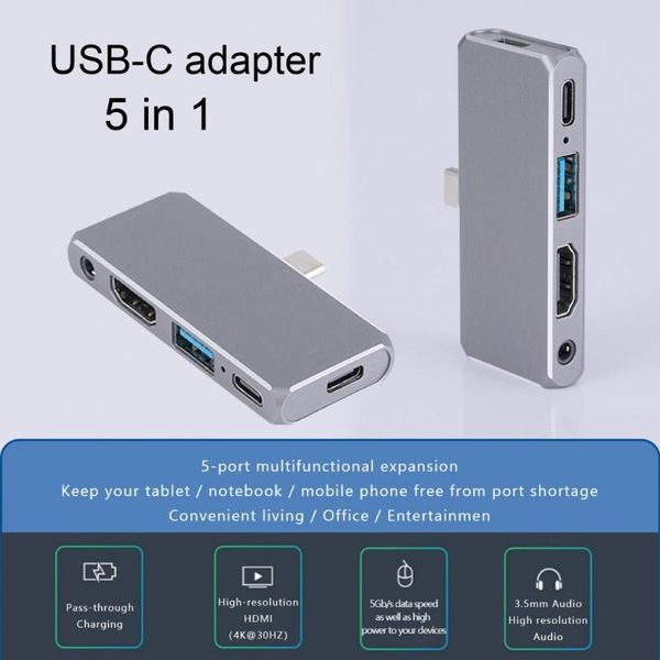 

hubs 5 in 1 type c hub adapter 4k hd video port -usb 3.0 ports 3.5mm audio 5-in-1 usb-c for ipad switch mobile phone