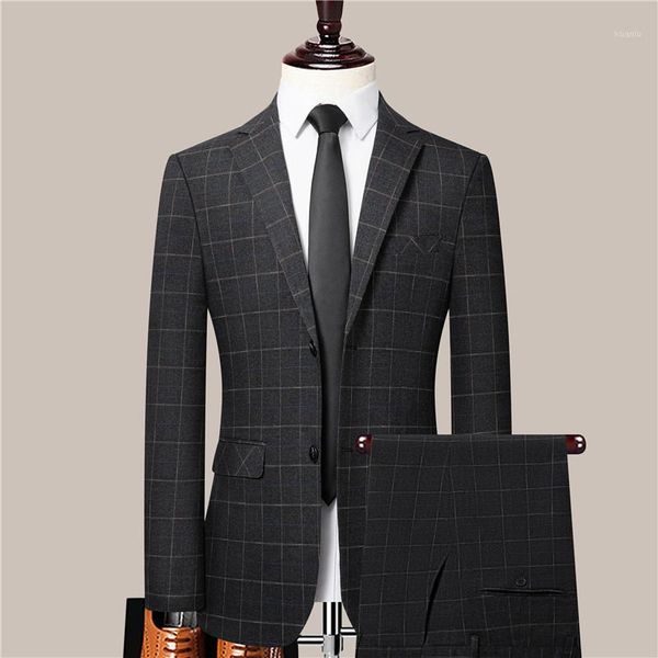

men's suits & blazers (jacket +pants ) set casual business plaid 2 piece suit male slim fit blazer trousers wedding men, White;black