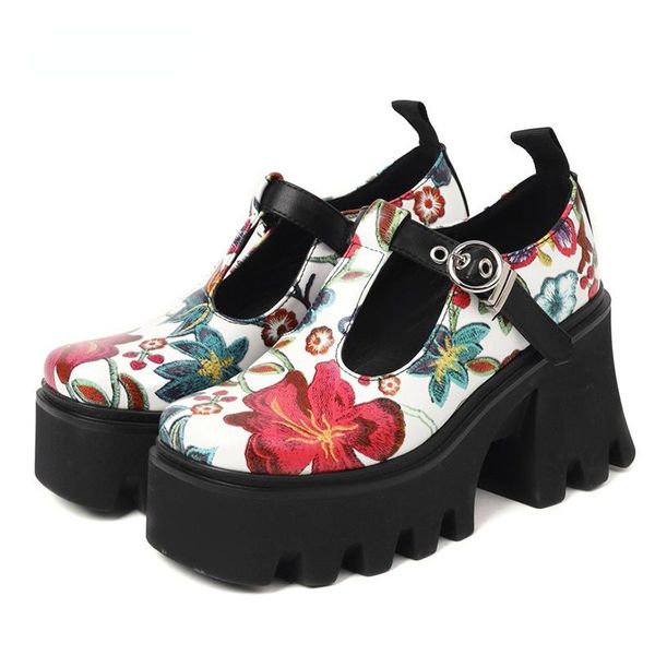 

dress shoes t-strap women hoof heels mixed color platform pumps flower vintage gothic style sponge cake bottom, Black