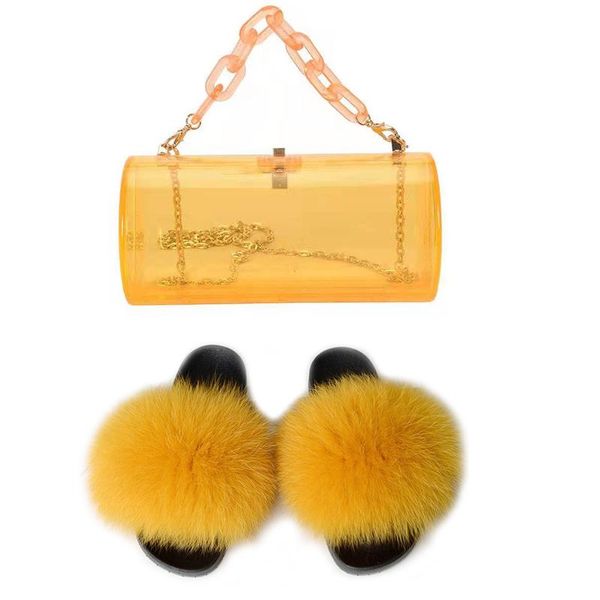 

slippers 2021 cylinder box bag and fur set acrylic transparent chain diagonal jelly women shoes sandals plush flip flops, Black