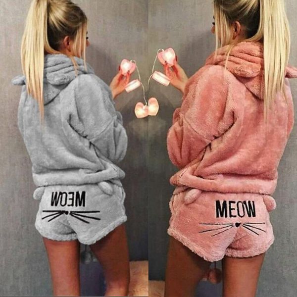 

winter flannel pajamas set cute women sleepwear bear hooded warm coral fleece hoodie short tow 2pcs suit, Black;red
