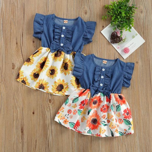 

girl's dresses toddler baby girl summer dress elegant ruffle sleeve bownot button front denim, Red;yellow