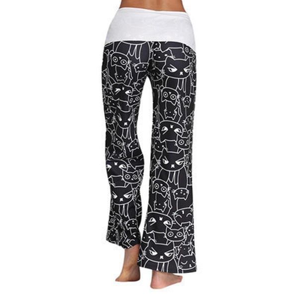 

women's pants & capris summer women wide leg cat printed drawstring high waist casual trousers xin-, Black;white
