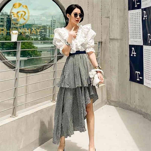 

summer 2 piece set women v neck lace puff sleeve ruffles shirt + vintage plaid irregular skirts suit 210520, White