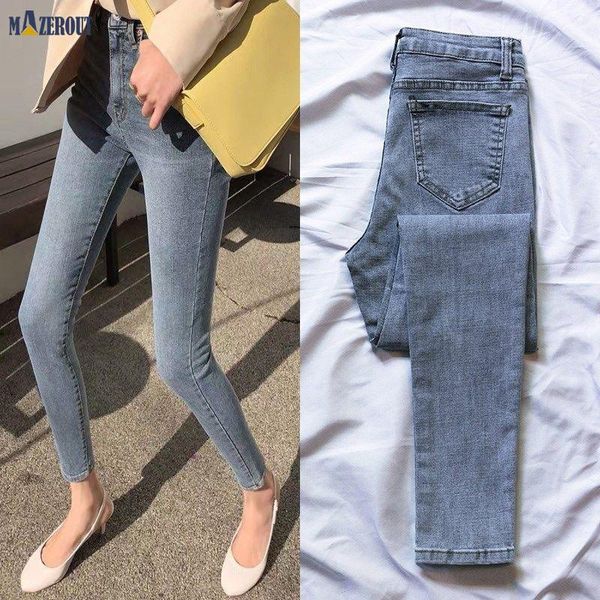 

women's jeans mazerout vintage high waist pencil pant women streetwear tight female denim buttons zipper ladies slim elastic, Blue