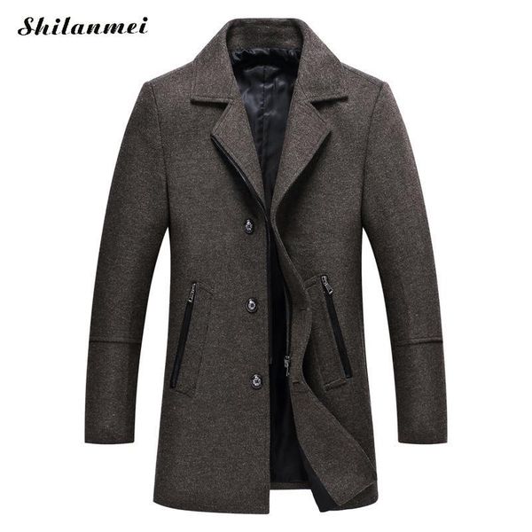 

men's & blends winter jackets men casual slim lapel collar male long single breasted thick solid color urban wool blend coat, Black