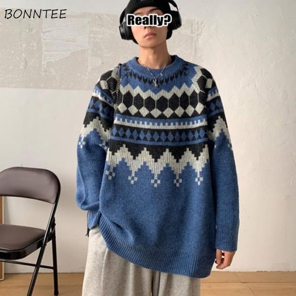 

men's sweaters retro pullovers men autumn vintage pattern loose all-match streetwear oversized fashion ulzzang bf male casual stylish, White;black