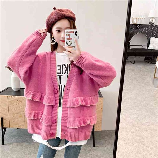 

autumn all-match single-breasted fashion knit cardigan sweater with pure color wood ears women korean version lazy 210427, White;black