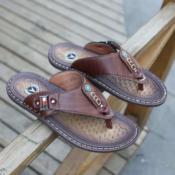 

sandals 2021 summer beach men flip flops pu leather slippers male flats outdoor rubber thong shoes brand, Black