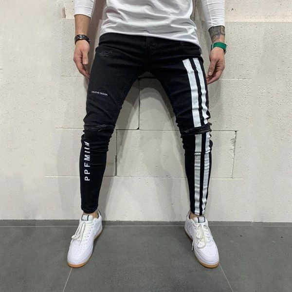 

men's jeans 2021 european and american ripped elastic feet printed men, Blue