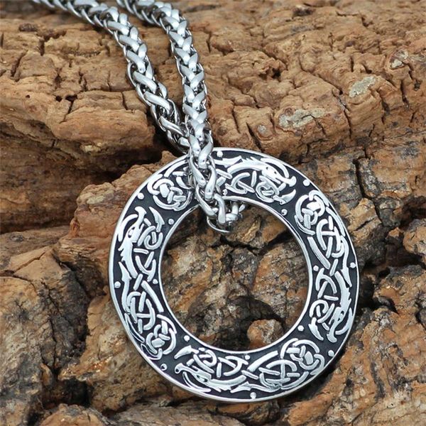 

pendant necklaces viking retro silver color wolf necklace hollow round men stainless steel fashion jewelry gifts drop