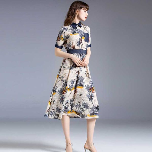 

summer elegant floral print patchwork denim pocket midi dress vintage runway designer casual femme robe 210526, Black;gray