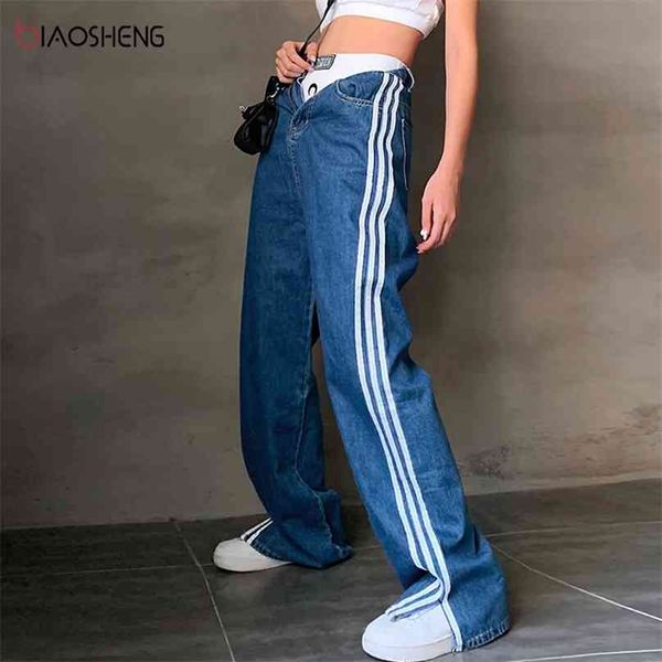 

women's pants mom jeans woman high waist oversize y2k female jean baggy wide leg fashion striped straight trousers 210922, Blue