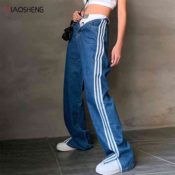 Frauen Hosen Mom Jeans Frau Hohe Taille Übergroße Y2K Weibliche Jean Baggy Wide Bein Mode Gestreifte Gerade Hosen 210922