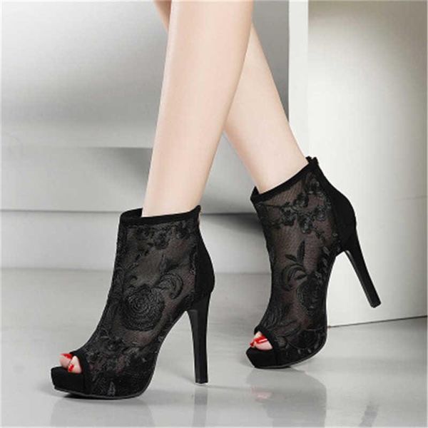 

dress shoes women lace peep toe sandals boots high heel fashion 2021 women's hollow out embroidery thin heeled black blue