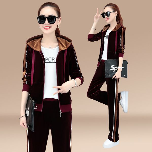 

women's tracksuits veet tracksuit women three piece set autumn winter clothes hoodies zipper coat t-shirt pants velour sweat suits, Gray