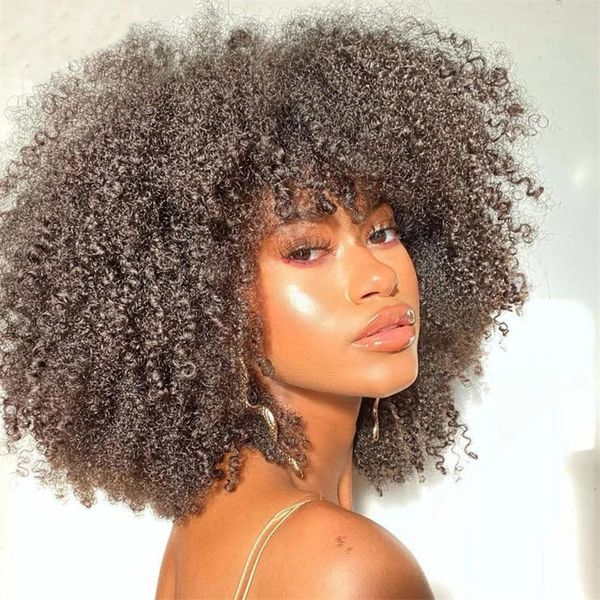 

lace wigs afro kinky curly human hair front wig for women 360 frontal bangs fringe natural black color glueless preplucked 250density, Black;brown