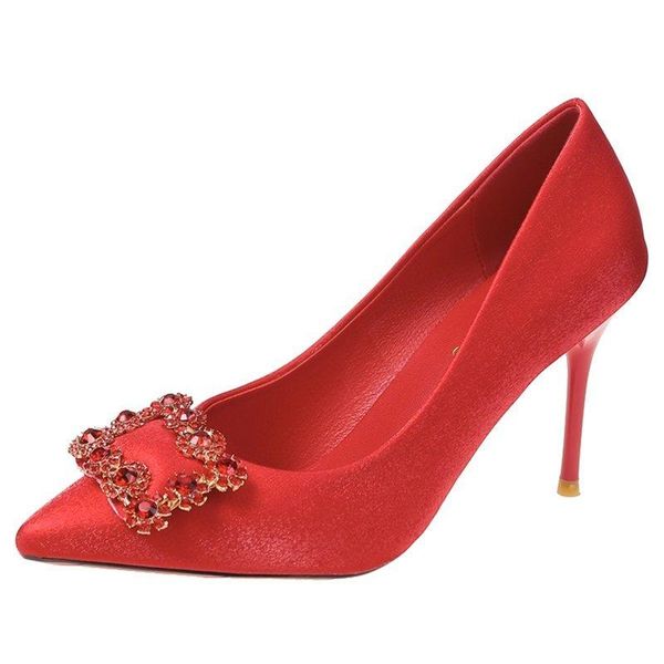 

dress shoes vmti 2021 spring and autumn square buckle rhinestone high heels female pointed toe solid color stiletto single shoe pump, Black