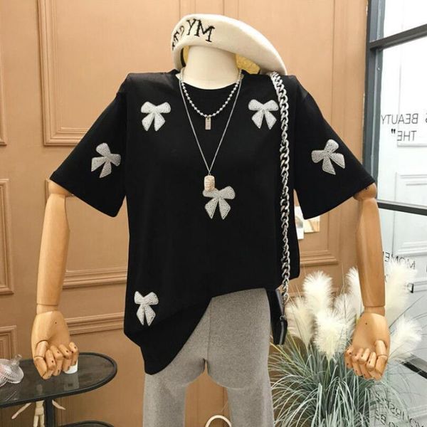 

korean diamonds pearls beading bow t shirt women 2021 spring summer loose o-neck black tee cotton t-shirt femme w41 women's, White