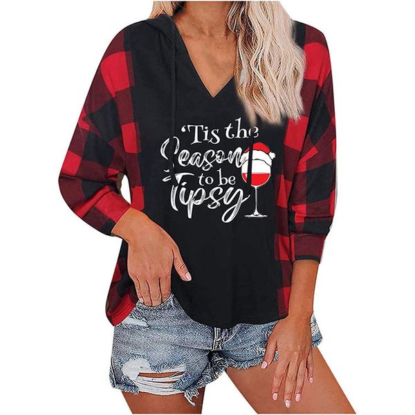 

new women's christmas elements plaid long sleeve sweatshirt top, Black