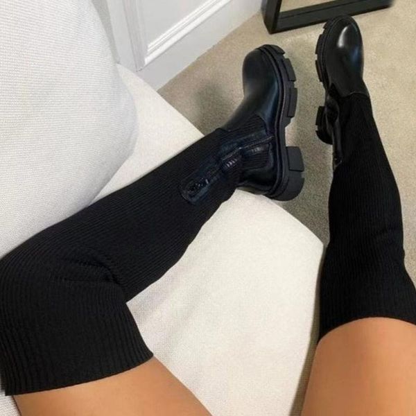 

boots rimocy autumn winter knit over the knee women 2021 fashion thick bottom high boot woman zipper elastic sock shoes ladies, Black